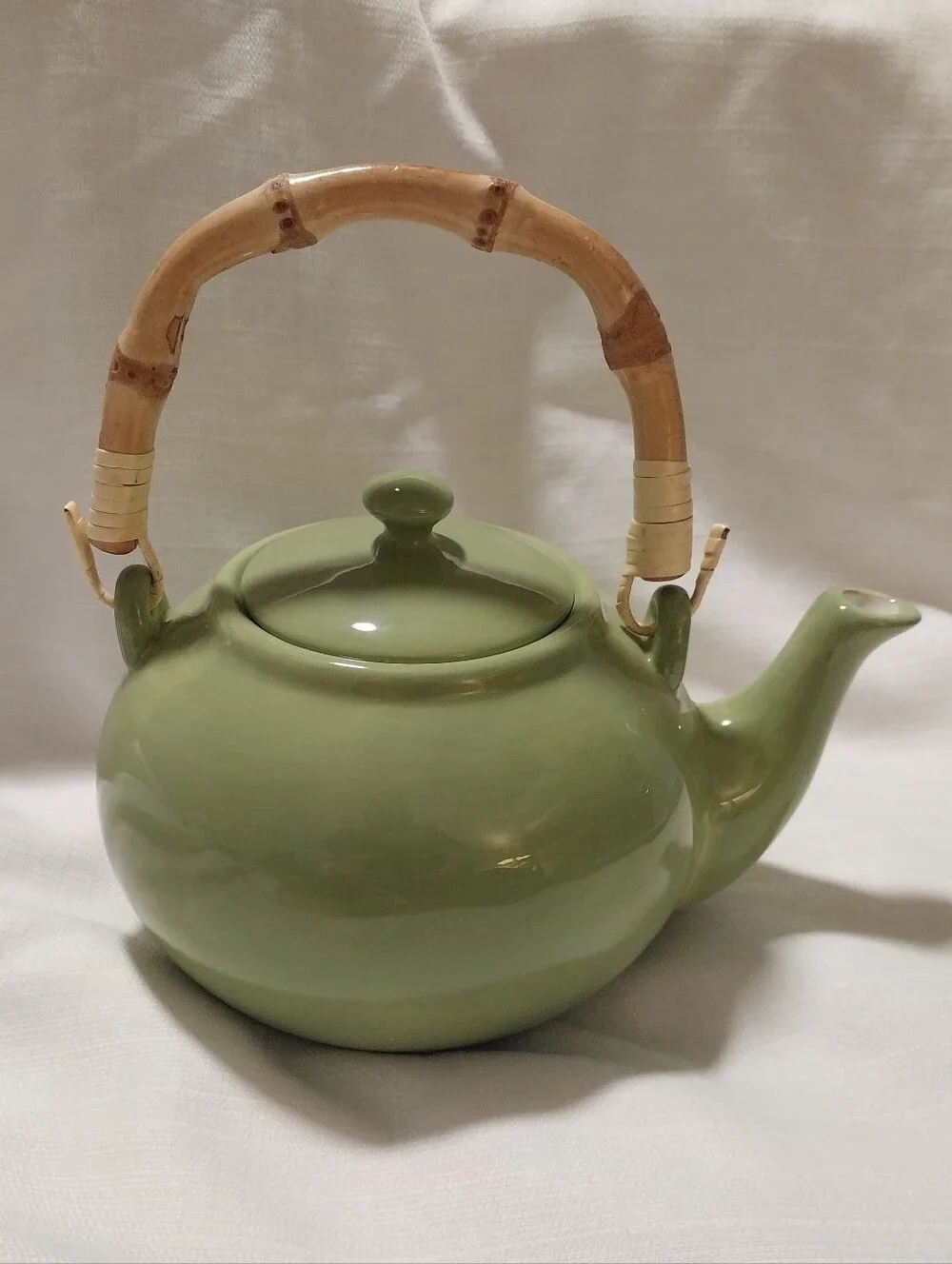 Pottery Barn Sausalito Green Bamboo Handle Teapot